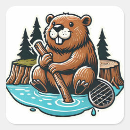 Industrious Brown Busy Bever Vierkante Sticker