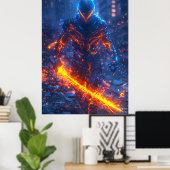 Infernal Cyber Warrior – Neon Fire Samurai Poster (Thuiskantoor)