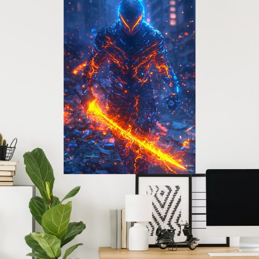 Infernal Cyber Warrior – Neon Fire Samurai Poster (Thuiskantoor)