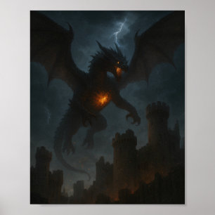 Inferno Draak Over Donkere Kasteel Poster