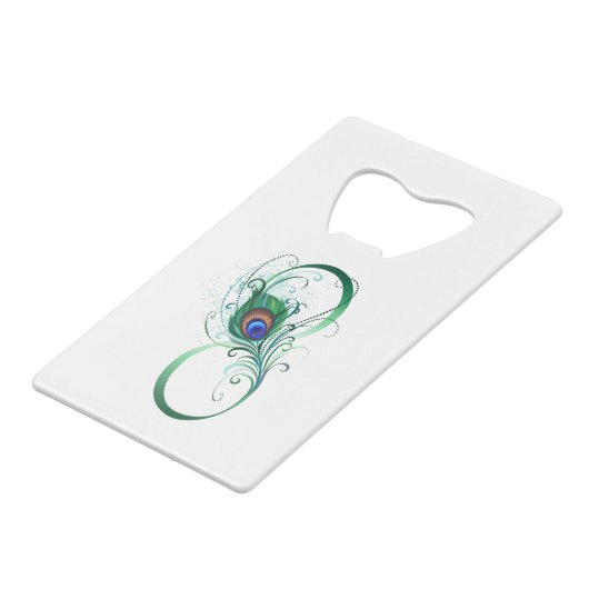 Infiniteitssymbool met Peacockdoether Creditkaart Flessenopener (Voorkant Gekanteld)