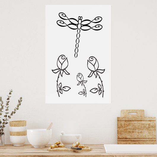 Infinity Dragonfly with Roses Black and White Poster (Keuken)