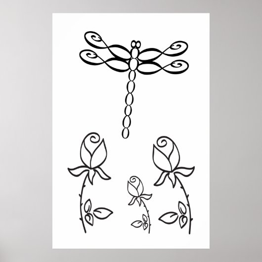 Infinity Dragonfly with Roses Black and White Poster (Voorkant)