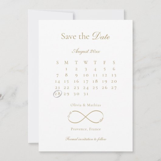 Infinity Love Monogram Calendar White Wedding Save The Date (Voorkant)