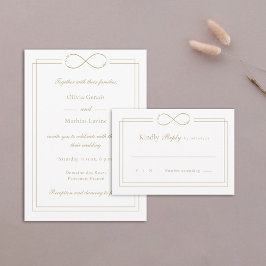 Infinity Love Monogram Gold Borders White Wedding RSVP Kaartje
