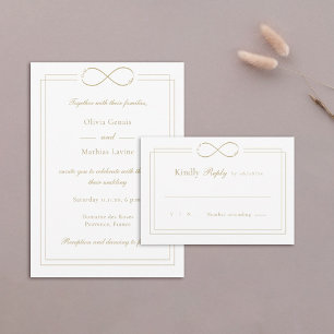 Infinity Love Monogram Gold Borders White Wedding RSVP Kaartje