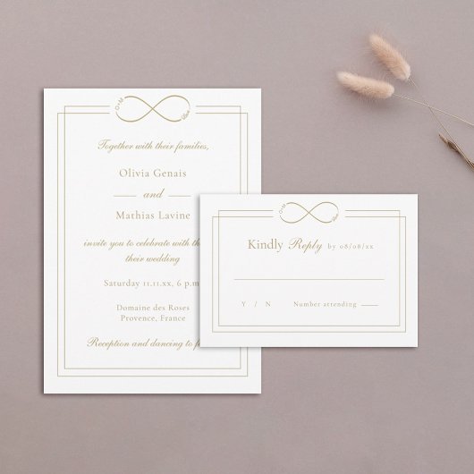 Infinity Love Monogram Gold Borders White Wedding RSVP Kaartje