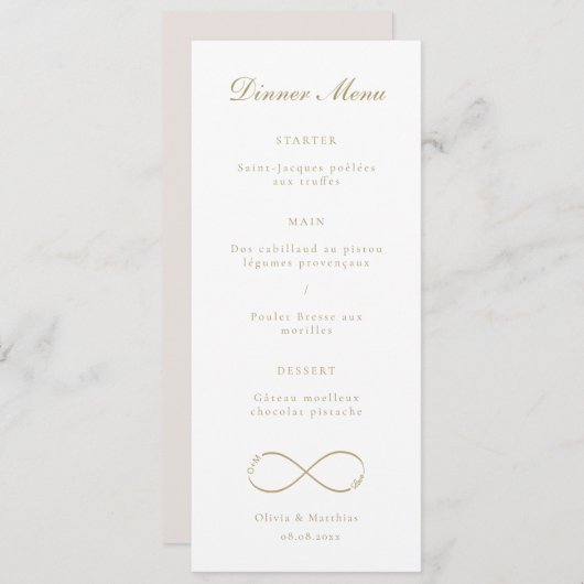 Infinity Love Monogram Gold White Weddenrennen Menu (Voorkant / Achterkant)