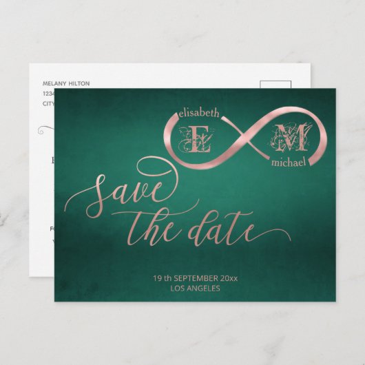 Infinity roos Gold romantic monogram calligrafie a Aankondigingskaart (Voorkant / Achterkant)