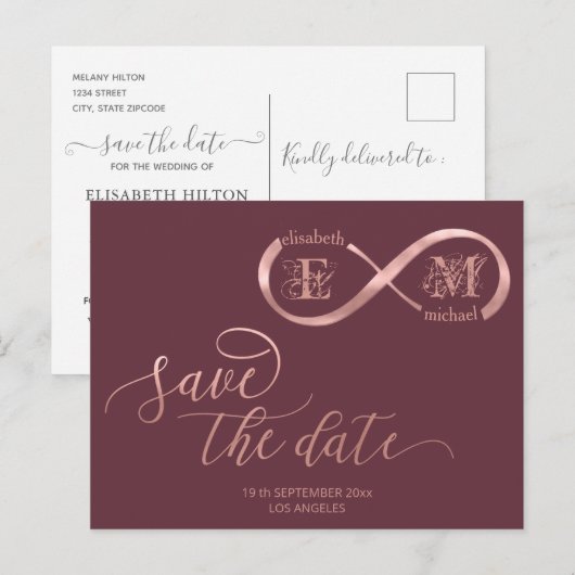 Infinity roos Gold romantic monogram calligraphy Aankondigingskaart (Voorkant / Achterkant)