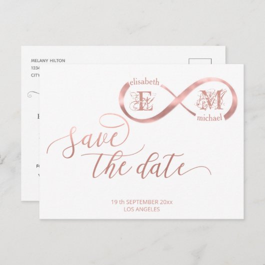Infinity roos Gold romantic monogram calligraphy Aankondigingskaart (Voorkant / Achterkant)