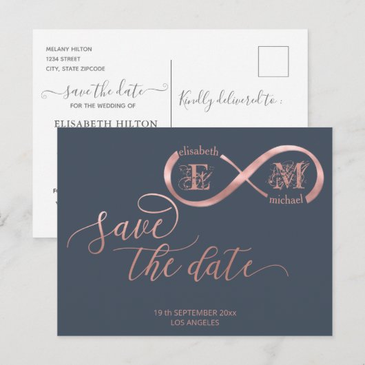 Infinity roos Gold romantic monogram calligraphy Aankondigingskaart (Voorkant / Achterkant)