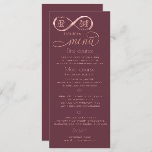 Infinity roos Gold romantic monogram calligraphy Menu (Voorkant / Achterkant)