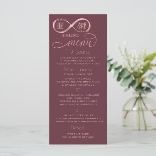 Infinity roos Gold romantic monogram calligraphy Menu (Staand voorkant)