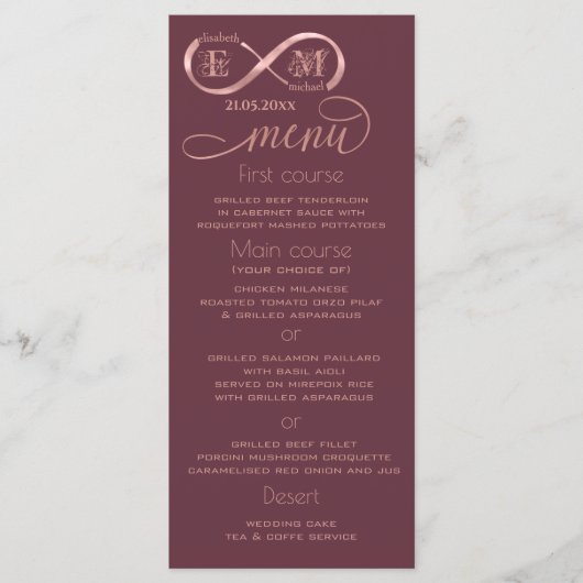 Infinity roos Gold romantic monogram calligraphy Menu (Voorkant)