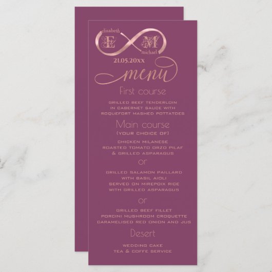 Infinity roos Gold romantic monogram cassis Menu (Voorkant / Achterkant)