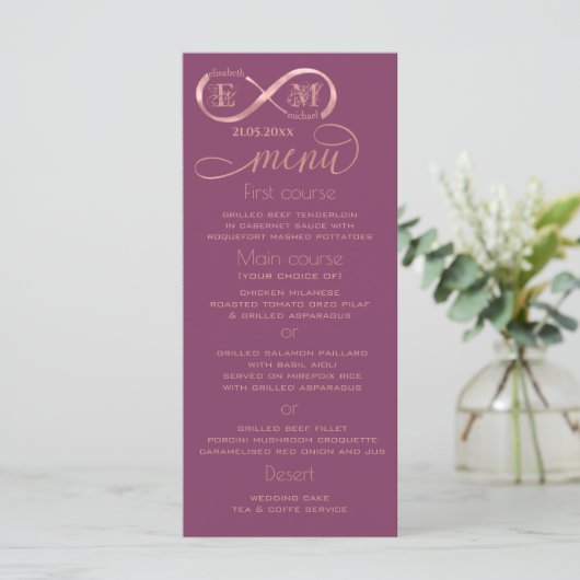 Infinity roos Gold romantic monogram cassis Menu (Staand voorkant)
