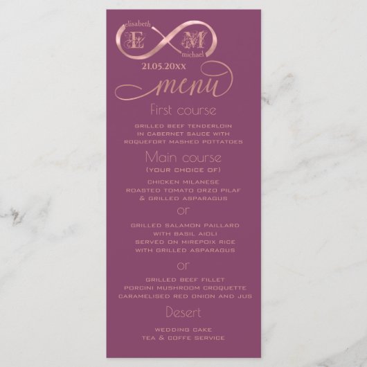 Infinity roos Gold romantic monogram cassis Menu (Voorkant)