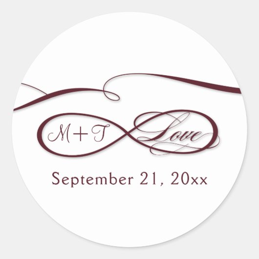 Infinity Sign Love Script Burgundy White Weduwscha Ronde Sticker (Voorkant)