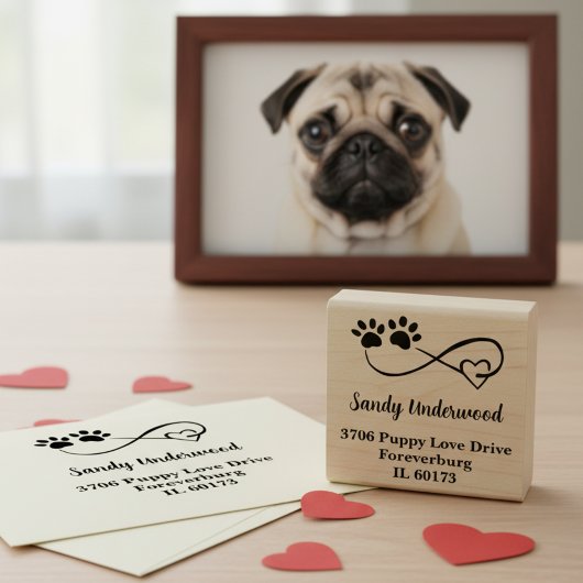 Infinity Symbol Heart & Paws Return Address Stamp Rubberstempel