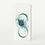 Infinity Symbol with Peacock Feather Samsung Galaxy S10 Hoesje<br><div class="desc">The symbol of infinity with a bright,  green,  artistic peacock feather on a white background. Tattoo style.</div>