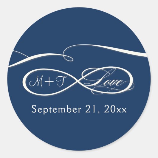 Infinity Symbool Script Love Navy Blue Wedding Ronde Sticker (Voorkant)
