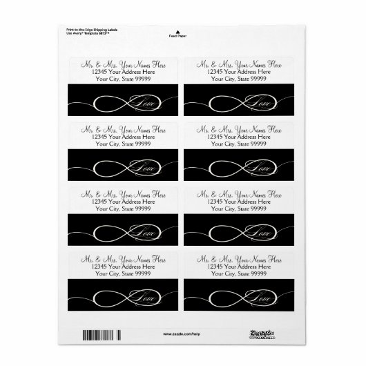 Infinity Symbool Teken Oneindige Liefde Trouwadres Etiket (Full Sheet)