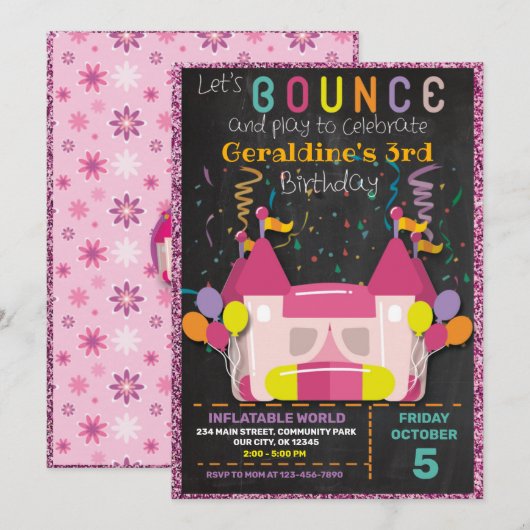 INFLATABLE BOUNCE SLIDE CASTLE BIRTHDAY INVITATION KAART (Voorkant / Achterkant)