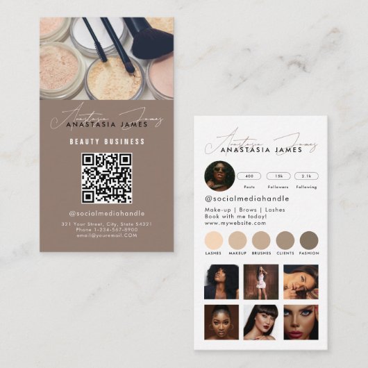 Influencer Esthetician Social Media QR Code Beige Visitekaartje (Voorkant / Achterkant)