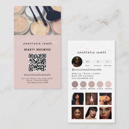 Influencer Esthetician Social Media QR Code Roze Visitekaartje (Voorkant / Achterkant)