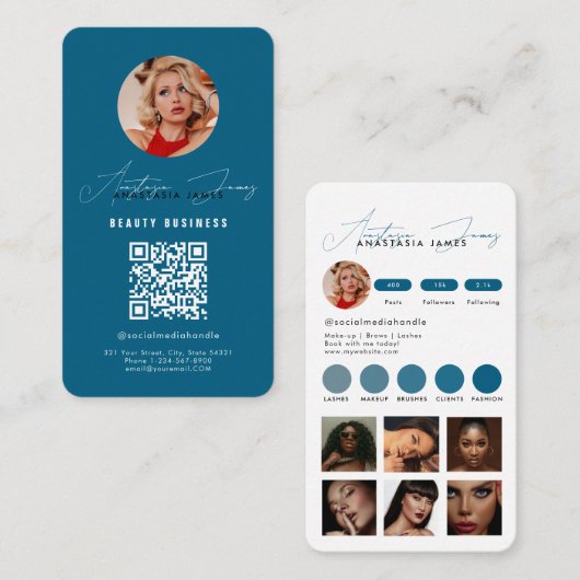 Influencer Feed Grid Social Media QR Code Blauw Visitekaartje (Voorkant / Achterkant)