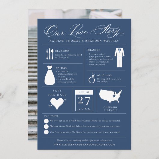 Infografisch sparen het Datumliefdesverhaal Save The Date (Voorkant / Achterkant)