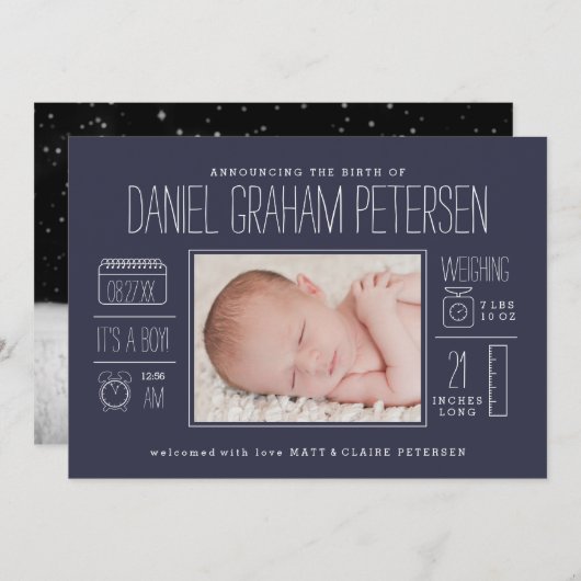 Infographic Birth Notice in Navy Blue Aankondiging (Voorkant / Achterkant)