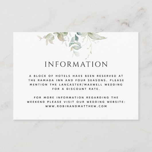 Informatie of andere, Elegante groene bruiloft Informatiekaartje (Voorkant)