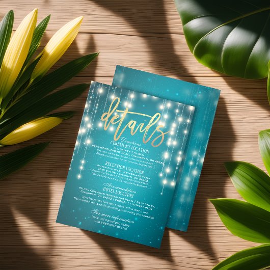 Informatie over blauwgroen Gold String Lights Wedd Informatiekaartje
