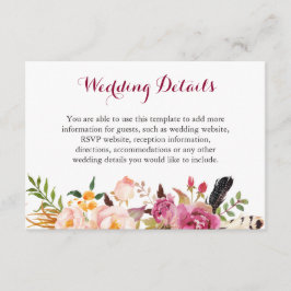Informatie over Bohemian Feather Floral Boho Weddi Informatiekaartje