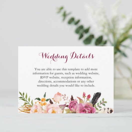 Informatie over Bohemian Feather Floral Boho Weddi Informatiekaartje (Staand voorkant)