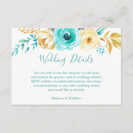 Informatie over Chic Turquoise Gold Floral Wedding Informatiekaartje