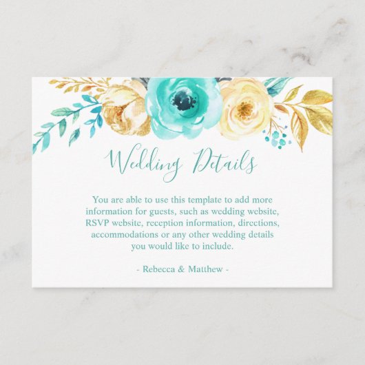 Informatie over Chic Turquoise Gold Floral Wedding Informatiekaartje (Voorkant)