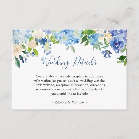 Informatie over Classy Blue Hydrangeas Floral Wedd Informatiekaartje (Voorkant)