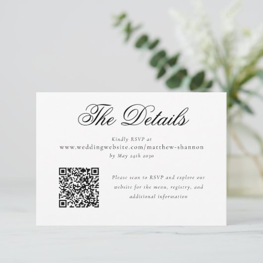 Informatie over Elegant Script Black White Wedding Informatiekaartje (Staand voorkant)