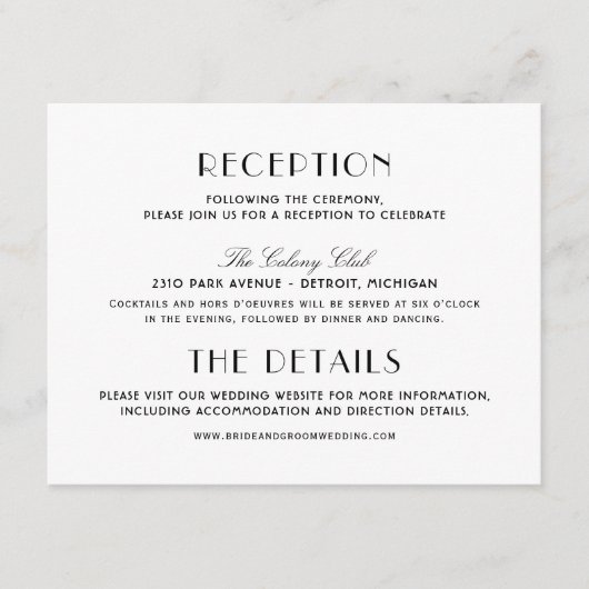 Informatie over  kunst deco-bruiloft informatiekaartje (Voorkant)