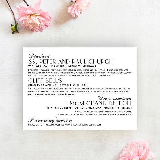 Informatie over  kunst deco-bruiloft informatiekaartje