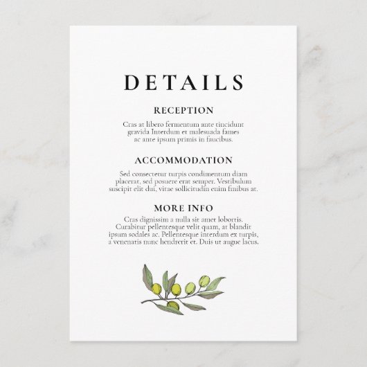Informatie over moderne Olive-filiaalbruiloft Informatiekaartje (Voorkant)