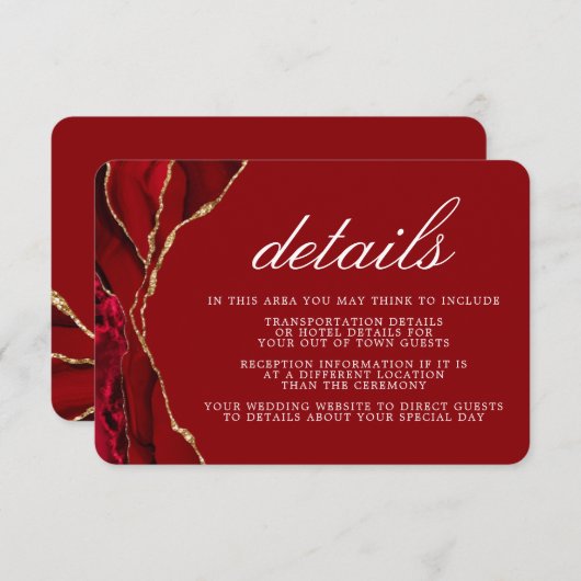 Informatie over Red and Gold Wedding Agate Informatiekaartje (Voorkant / Achterkant)