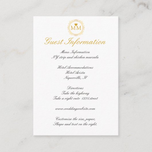 Informatie over Royal Wedding Gold Script-gast Informatiekaartje (Voorkant)