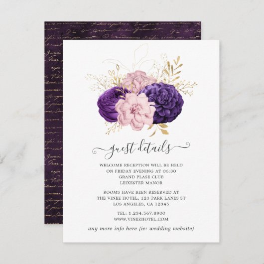 Informatie over roze en Paarse Floral Wedding Gues Informatiekaartje (Voorkant / Achterkant)