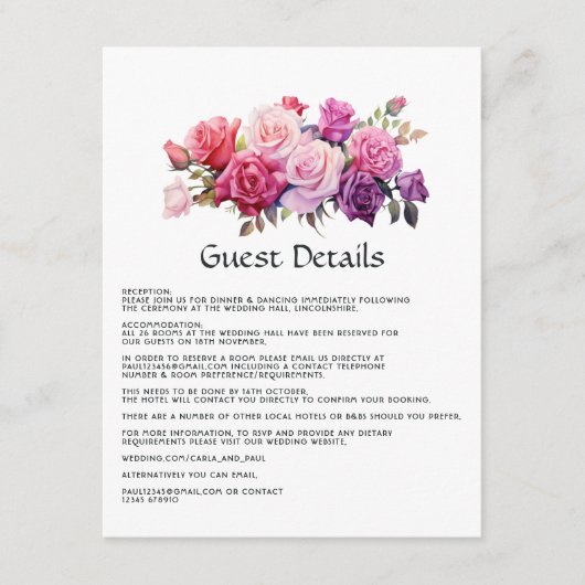 Informatie over roze en Paarse Floral Wedding Gues Informatiekaartje (Voorkant)