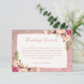 Informatie over roze Floral Roos Gold Glitter Wedd Informatiekaartje (Staand voorkant)