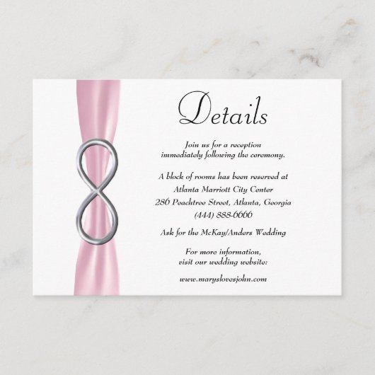 Informatie over roze ribbon Silver Infinity Weddin Informatiekaartje (Voorkant)
